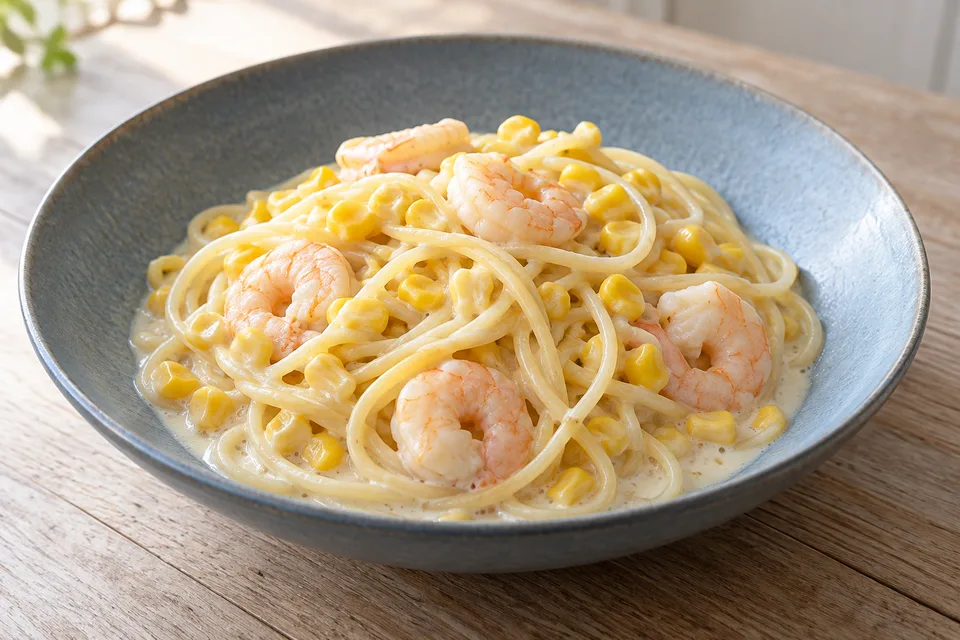 えびとコーンの豆乳パスタの料理イメージ